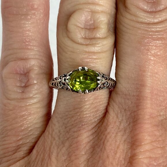 Sterling Silver 925 Oval Double Prong Set Peridot Filigree Band Ring Sz 6.5 - Picture 1 of 16